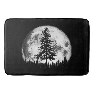 Retro Full Moon & Minimalist Pine Tree Vintage Gra Bath Mat