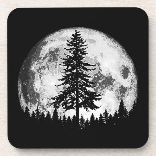 Retro Full Moon & Minimalist Pine Tree Vintage Gra Beverage Coaster