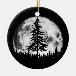 Retro Full Moon & Minimalist Pine Tree Vintage Gra Ceramic Ornament