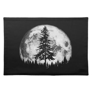 Retro Full Moon & Minimalist Pine Tree Vintage Gra Cloth Placemat