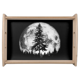 Retro Full Moon & Minimalist Pine Tree Vintage Gra Serving Tray