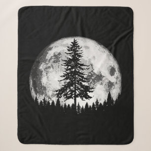 Retro Full Moon & Minimalist Pine Tree Vintage Gra Sherpa Blanket