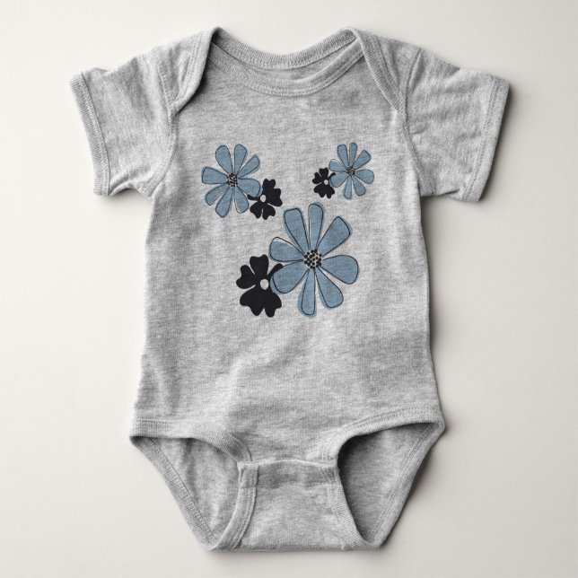 Retro Fun Blue Graphic Flowers Baby Bodysuit (Front)