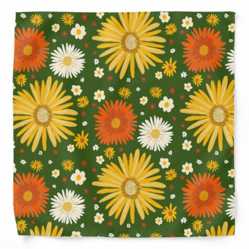 Retro Fun Daisies Flowers Orange Yellow Green Bandana