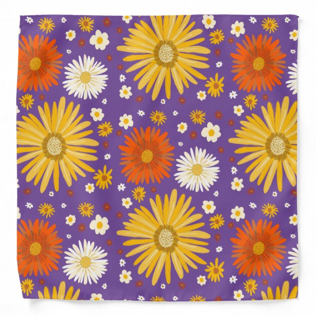 Retro Fun Daisies Flowers Orange Yellow  Purple Bandana (Front)