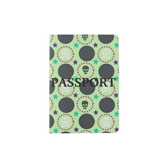 Retro Fun Green Skull Pattern Passport Holder (Front)
