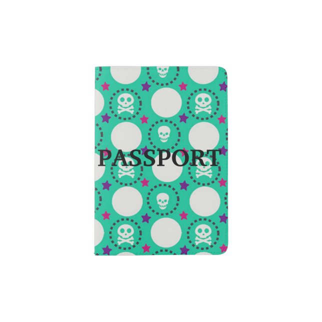 Retro Fun Green Skull Pattern Passport Holder (Front)