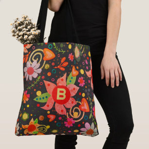 Retro Fun Initial Floral Boho Inspirivity tote Bag