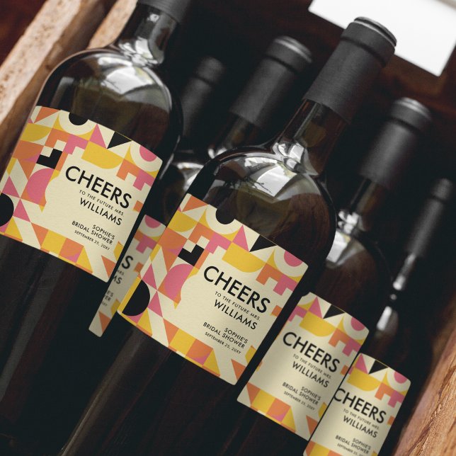 Retro Fun Pink Orange Yellow Bold Bridal Shower Wine Label (Creator Uploaded)