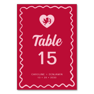 Retro Fun Wavy Frame Red Pink Cupid Wedding Table Number