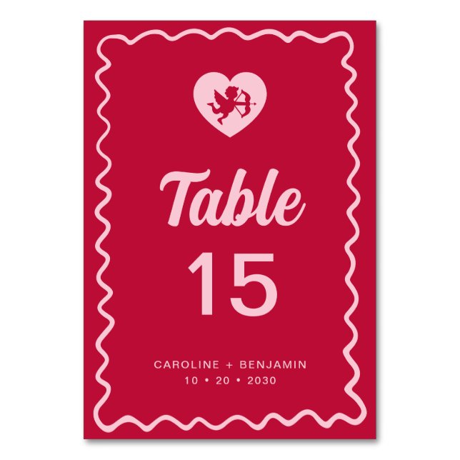 Retro Fun Wavy Frame Red Pink Cupid Wedding Table Number (Front)