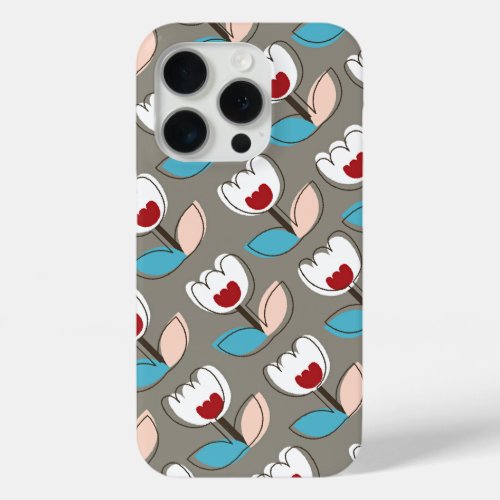 Retro Fun White Blue Red Tulips Flowers Pattern iPhone 15 Pro Case