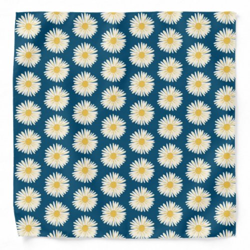 Retro Fun White Daisy Flower Pattern Blue Bandana