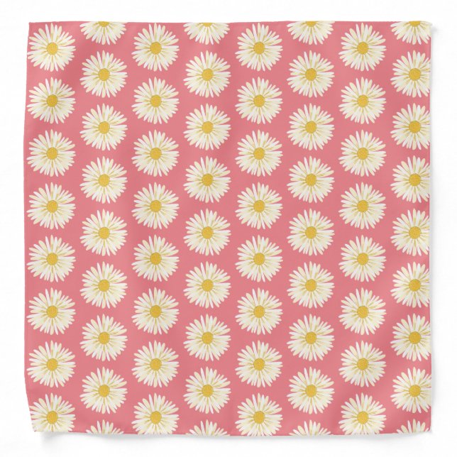 Retro Fun White Daisy Flower Pattern Pink Bandana (Front)