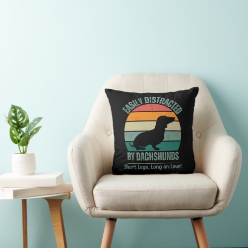 Retro Fun Wiener Easily Distracted By Dachshund  Throw Pillow