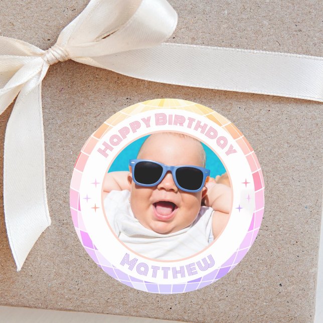 Retro Funky 90s Disco Ball Happy Birthday Photo Classic Round Sticker (Creator Uploaded)