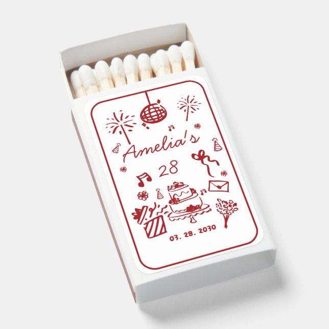 Retro Funky Birthday Party | Whimsical Handwritten Matchboxes (Front Open)