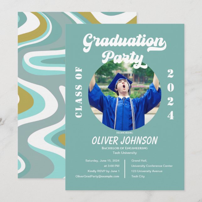 Retro Funky Blue and Gold Graduation Invitation (Front/Back)