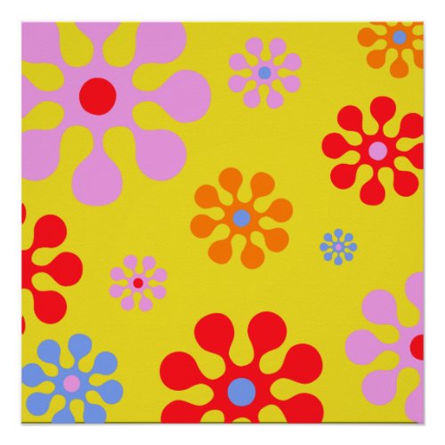 Retro Funky Flower Pattern Yellow  Abstract Poster
