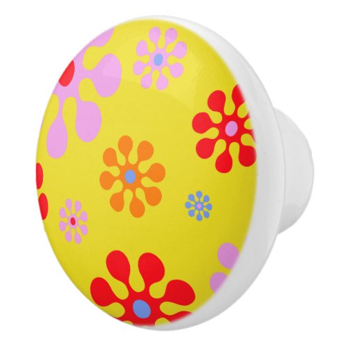 Retro Funky Flower Pattern Yellow Ceramic Knob