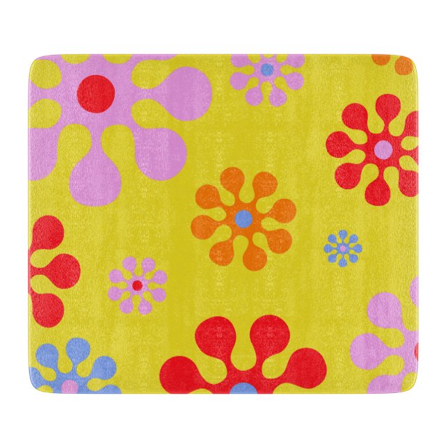 Retro Funky Flower Pattern Yellow Cutting Board (Front)