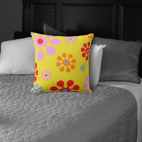 Retro Funky Flower Pattern Yellow Throw Pillow