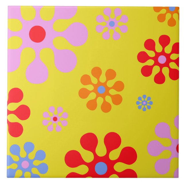 Retro Funky Flower Pattern Yellow Trivet (Front)