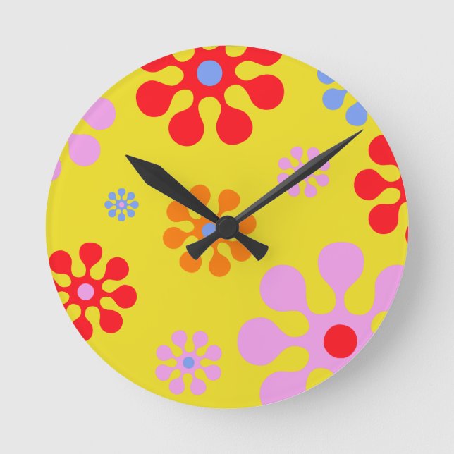 Retro Funky Flower Pattern Yellow Wall Clock (Front)