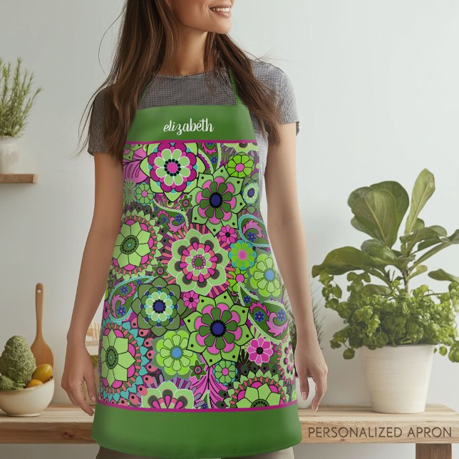 Retro Funky Flowers - Pink Green with Script Name Apron (Personalized Apron)
