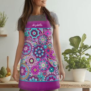 Retro Funky Flowers - Pink Purple with Script Name Apron