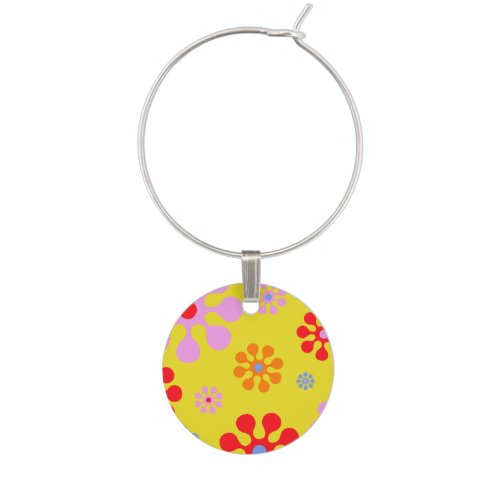 Retro Funky Flowers Yellow Wine Charm