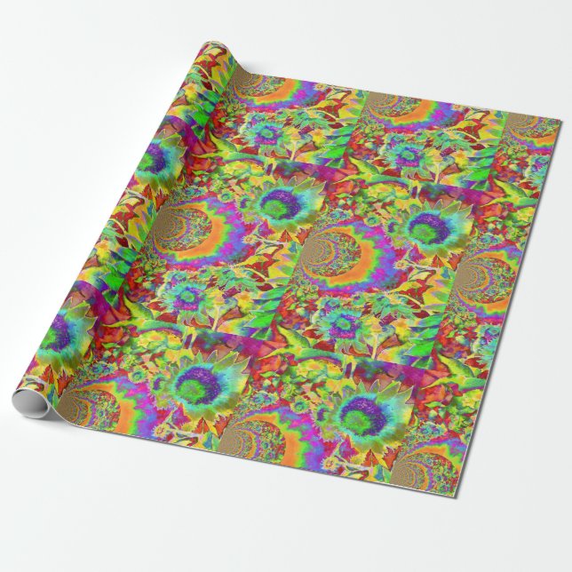 Retro funky fun colorful sunflower painting  wrapping paper (Unrolled)