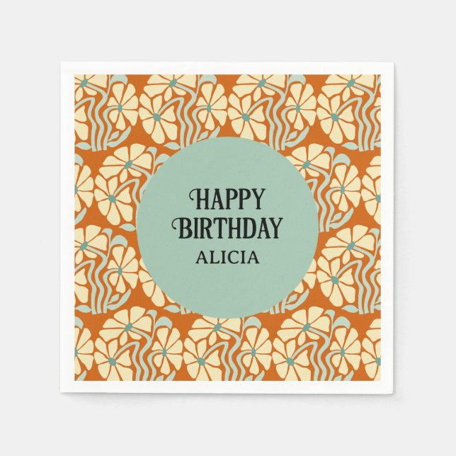 Retro Funky Groovy Boho Botanical Birthday Napkins (Front)