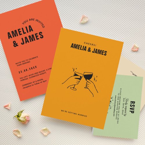 Retro Funky Modern hand draw Colourful Wedding Invitation