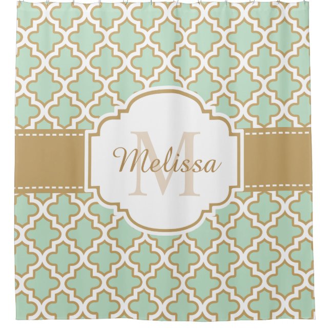 Retro Funky Moroccan Pattern Mint Green Monogram Shower Curtain (Front)