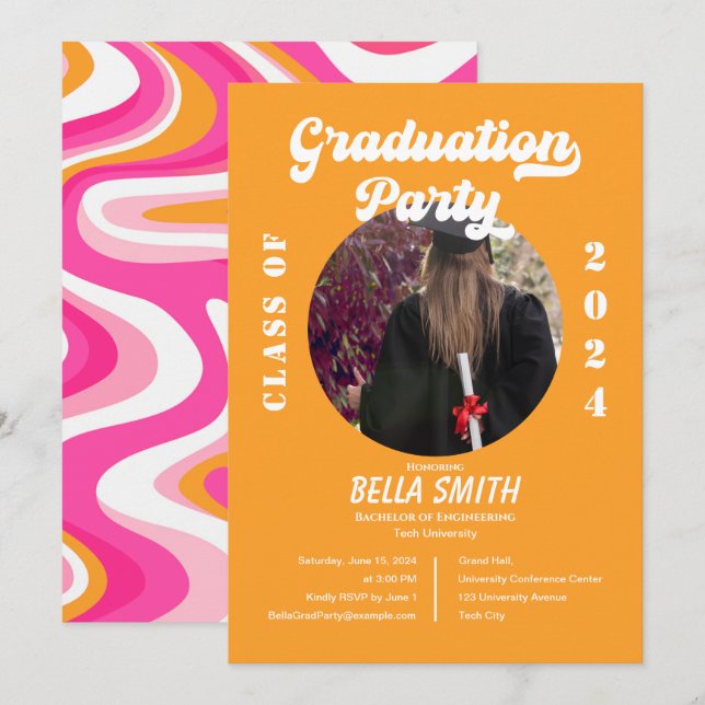 Retro Funky Pink and Orange Graduation Invitation (Front/Back)