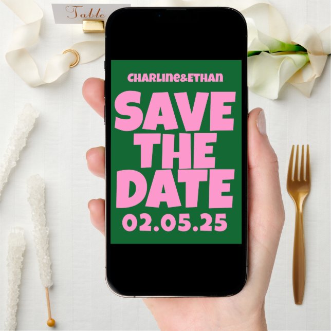 Retro Funky Pink Green  Save the Date QR code (Front Digital)