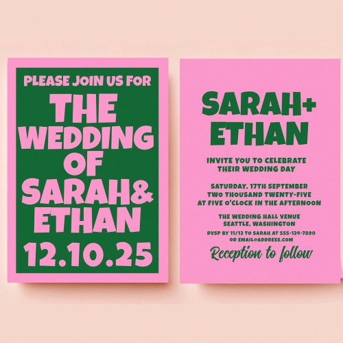 Retro Funky Pink Green  Wedding  Invitation
