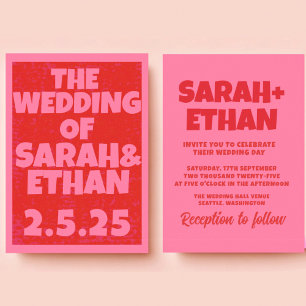 Retro Funky Pink Red Wedding Invitation
