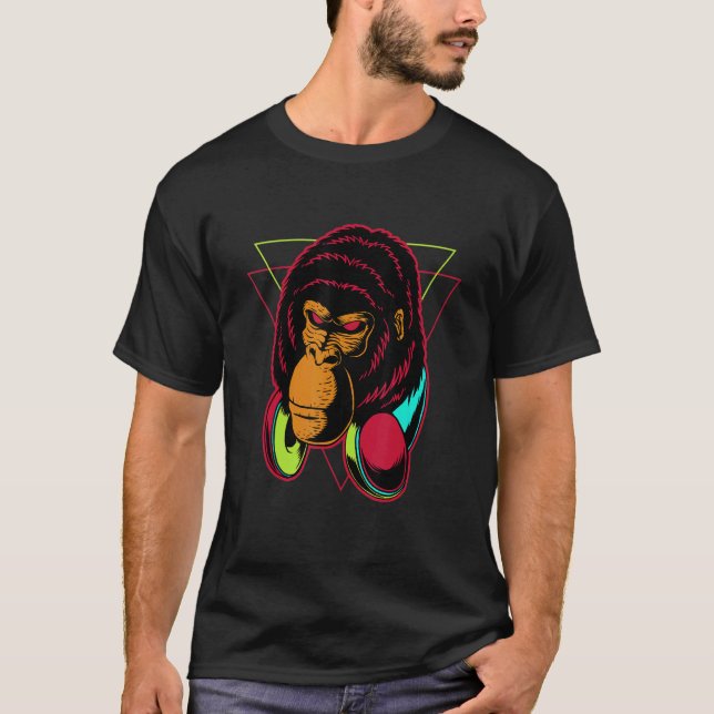 Retro Funky Rave DJ Gorilla Ape Head T-Shirt (Front)