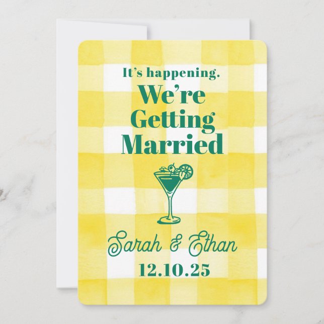 Retro Funky Striped Green Yellow Wedding Invitation (Front)