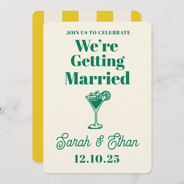 Retro Funky Striped Green Yellow Wedding Invitation (Creator Uploaded)