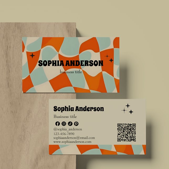 Retro Funky Wavy Pattern with QR Code Business Card (Creator Uploaded)