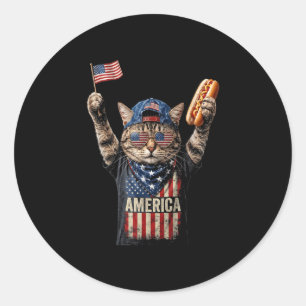 Retro funny america cat hot dog lovers flag design classic round sticker