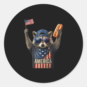 Retro funny america raccoon hot dog lovers flag classic round sticker
