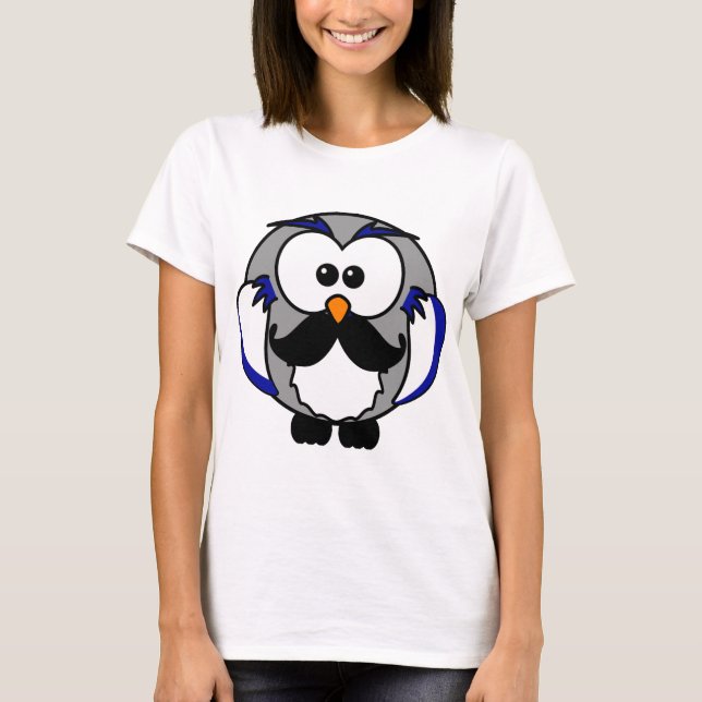 Retro Funny Black Handlebar Mustache Owl T-Shirt (Front)