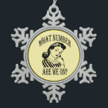 Retro Funny Bunco Player Snowflake Pewter Christmas Ornament<br><div class="desc">This funny Bunco ornament is sure to be a hit at your next Bunco game or Bunco gift exchange. Wonderful retro style Bunco player is asking herself "What Number Are We On?" How many time during a Bunco game do you have to ask this exact same question? Spread some laughter...</div>