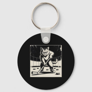 Retro Funny Cat Playing Ice Hockey Stick Skating S Keychain