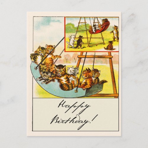 Retro Funny Cats Playing on Swing Happy Birthday Postcard