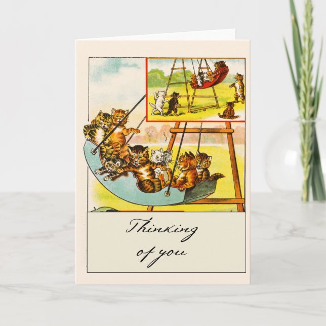 Retro Funny Cats Playing on Swing Thinking of You Card (Front)